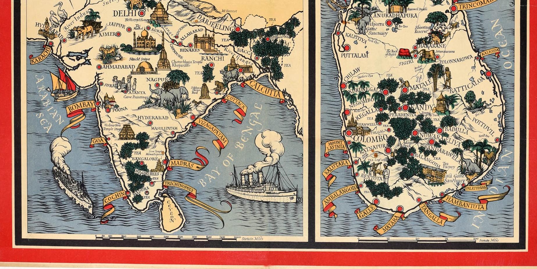 Affiche publicitaire vintage originale - Tea An Empire Industry Where Our Tea Comes From. Rare petite version représentant des cartes illustrées et colorées de l'Inde et de Ceylan (aujourd'hui Sri Lanka) avec les noms des villes dans des bannières
