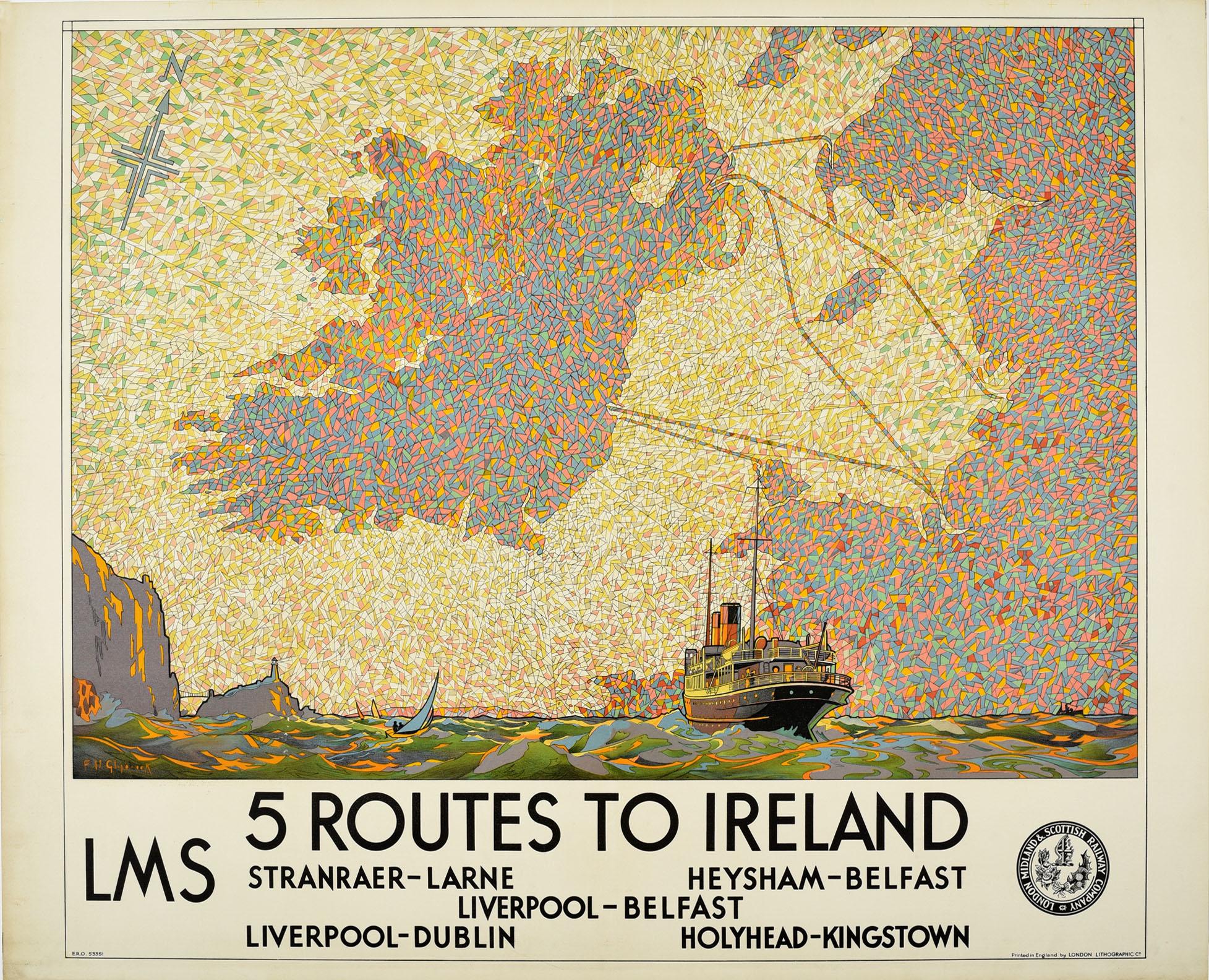 F. H. Glinbrook Print – Original-Vintage-Poster LMS London Midland Scottish Railway 5 Routen nach Irland