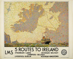 Original Vintage LMS London Midland Scottish Railway Poster 5 Routes To Ireland