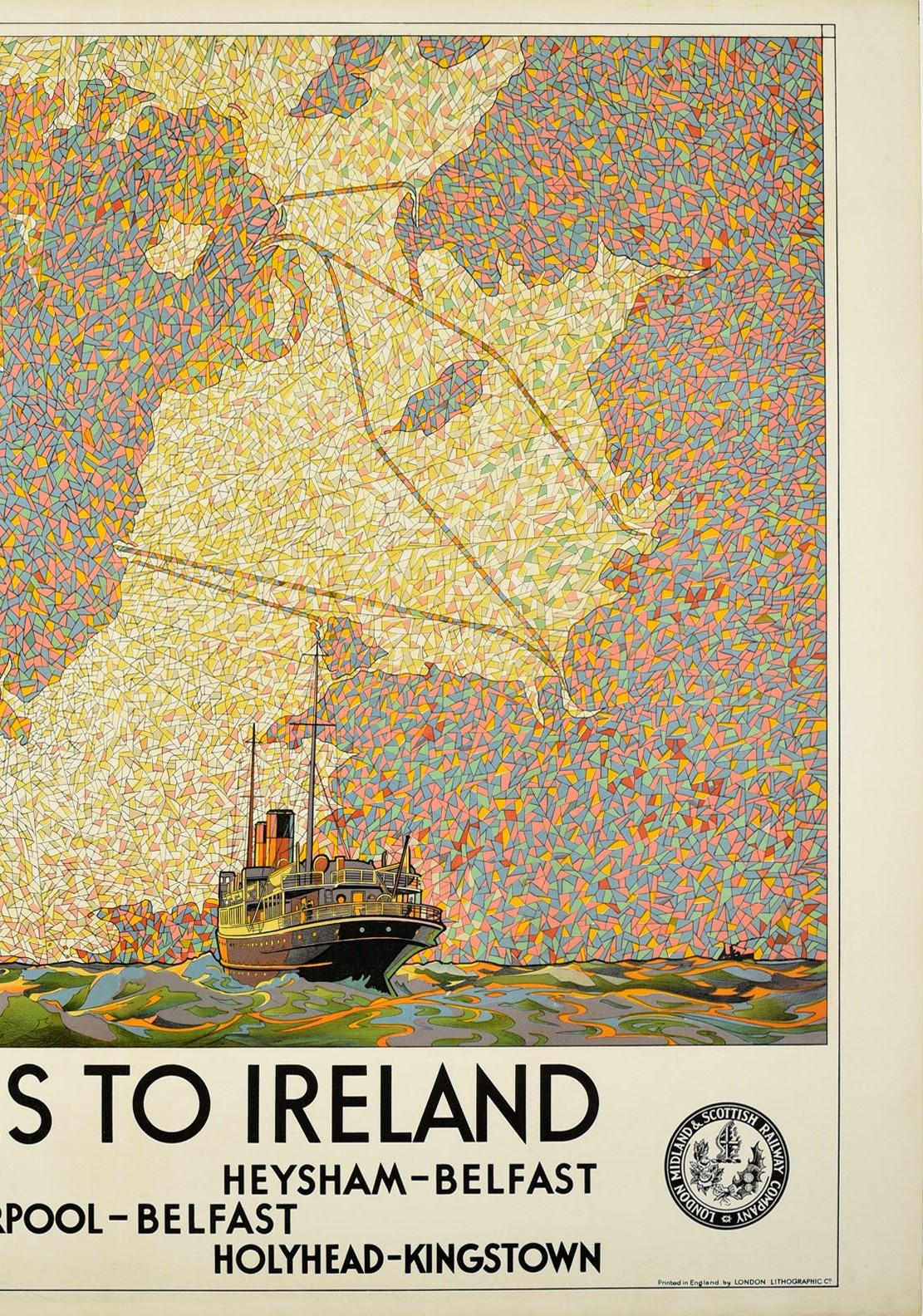 Seltenes Original-Reiseplakat der LMS - 5 Routes to Ireland - herausgegeben von der London Midland & Scottish Railway mit dem fantastischen Motiv eines Schiffes, das über die kabbelige Irische See segelt, mit kleineren Segelbooten in der Nähe der