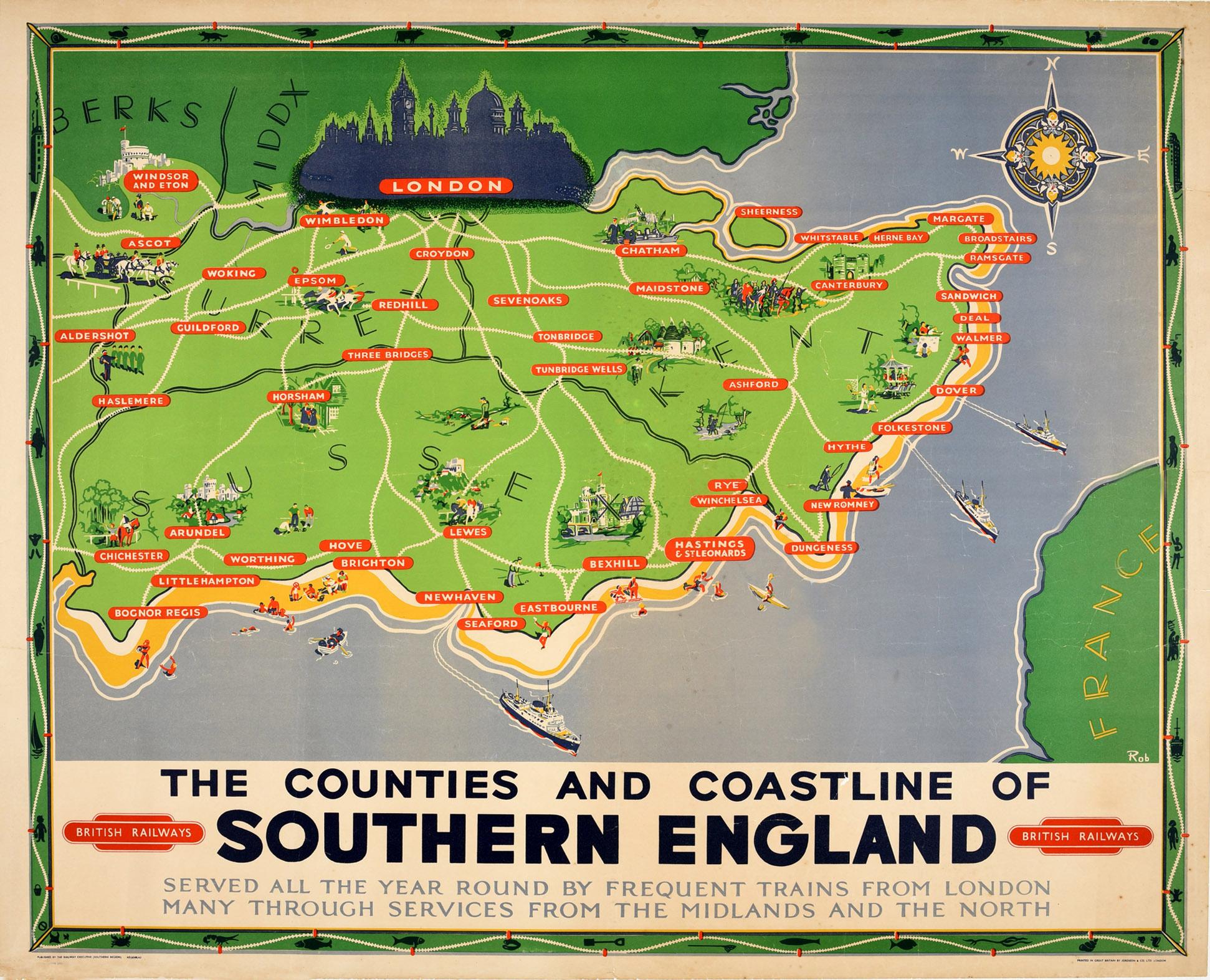 Rob Print - Original Vintage British Railways Poster Map Counties Coastline Southern England