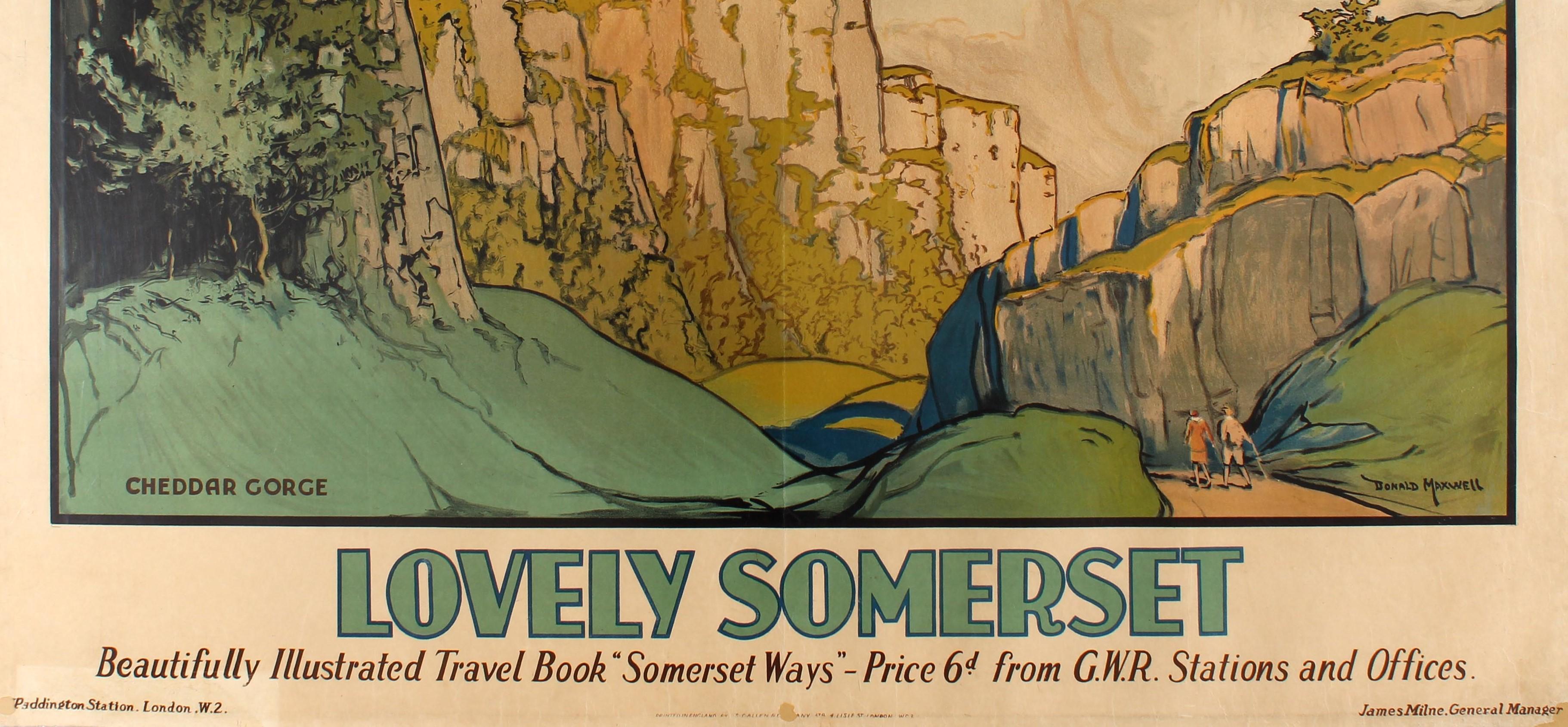 Original-Reiseposter Great Western Railway Lovely Somerset Schön illustriertes Reisebuch Somerset Ways - Preis 6d von GWR Stations and Offices mit einem malerischen Landschaftsgemälde des englischen Illustrators Donald Maxwell (1877-1936), das zwei