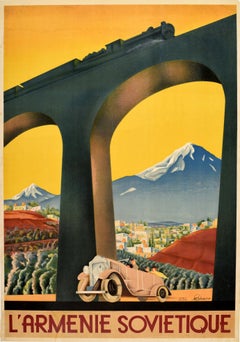 Original Vintage Art Deco Intourist Poster Soviet Armenia Ft Classic Car & Train