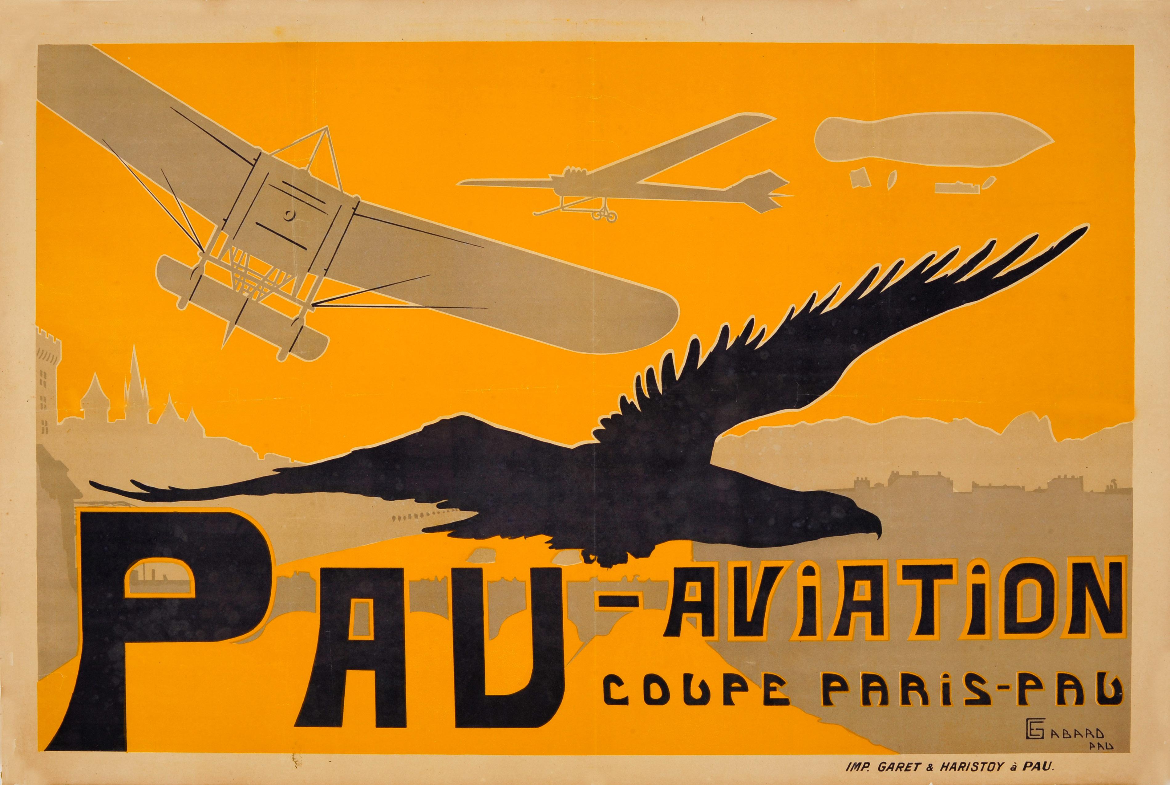 Ernest Gabard Print - Original Antique Pau Aviation Poster Race Coupe Paris Pau Airfield Flying School