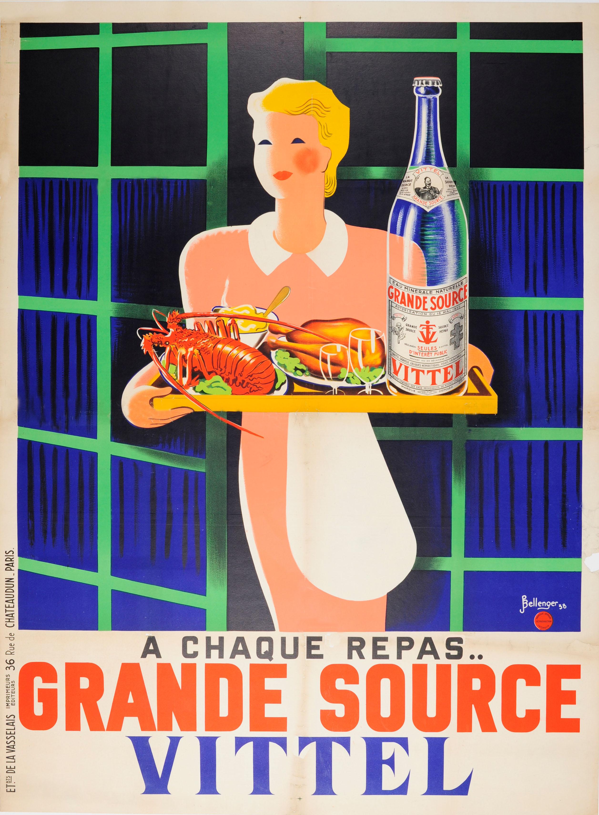 Pierre and Jacques Bellenger Print – Original Vintage-Poster „At Every Meal Grande Source“, Vittel, Mineral, Wasser, Trink