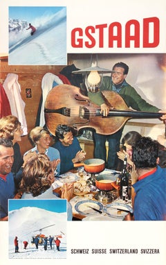 Original Vintage Winter Sport Travel Poster Gstaad Ski Resort Music Fondue Photo