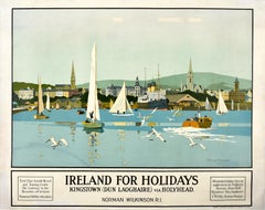 Original Antique LMS Poster Ireland For Holidays Kingston Dun Laoghaire Sailing