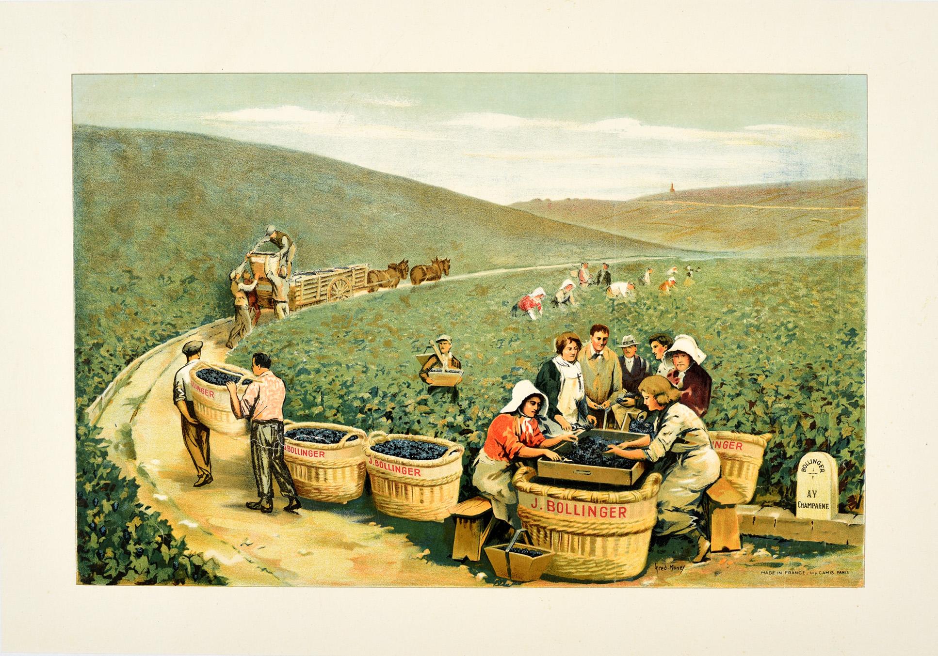 Print Fred Money - Affiche vintage originale et ancienne de J. Bollinger sur le champagne scintillant d'un vignoble Ay France