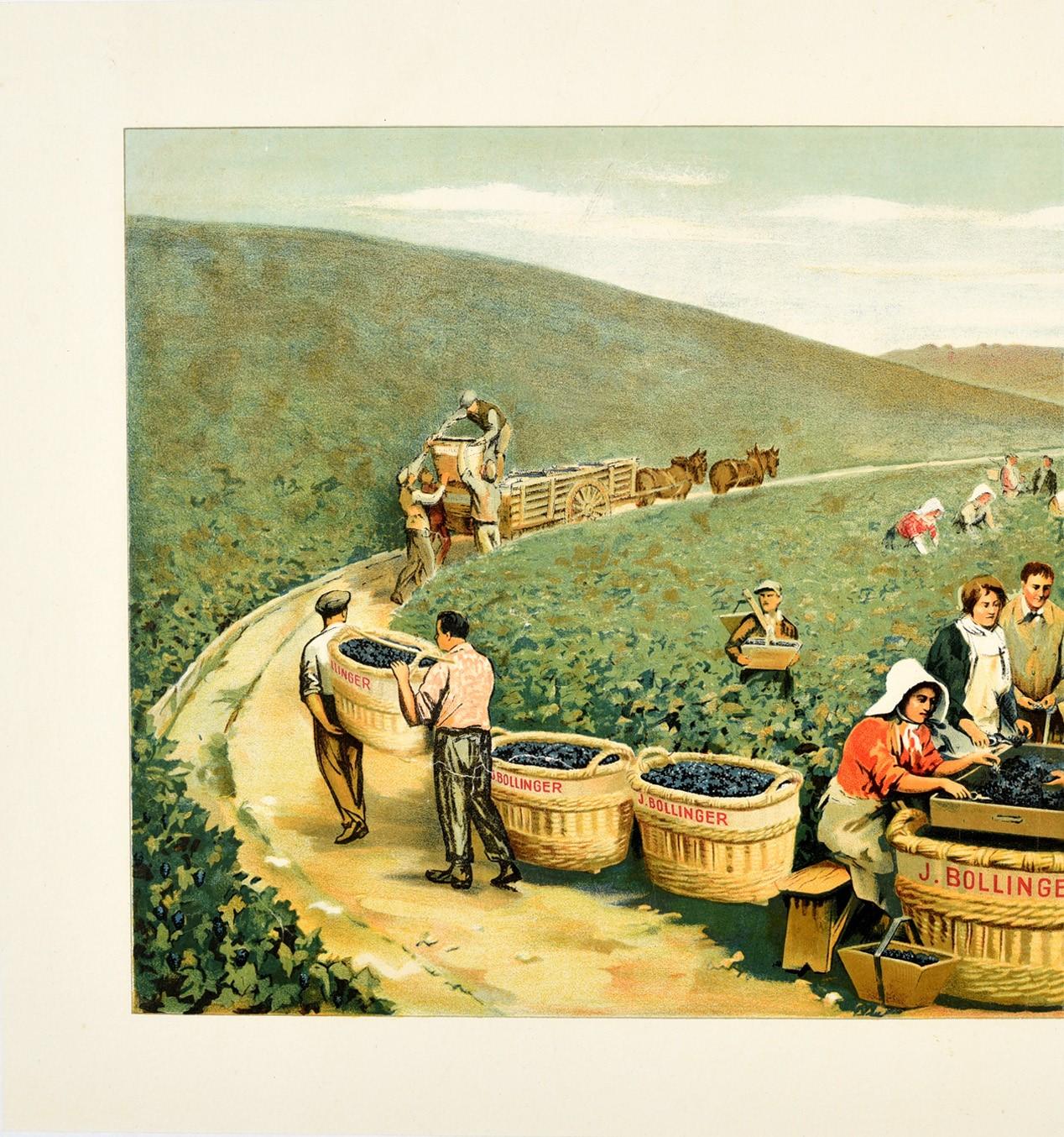 Affiche vintage originale et ancienne de J. Bollinger sur le champagne scintillant d'un vignoble Ay France - Beige Print par Fred Money