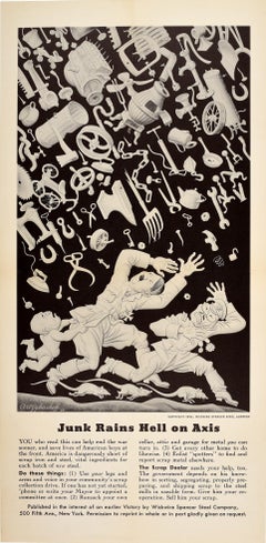 Affiche vintage de propagande de la deuxième guerre mondiale en faveur d'une victoire précoce : « Junk Rains Hell On Axis » (la ferraille s'abat sur l'Axe)