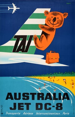 Original Vintage TAI Travel Poster Australia Jet DC-8 Ft Beach Koala Bear Design