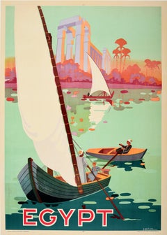 Original Vintage Ägypten Reiseplakat Ft. Segelboote Alte Ruinen des Nils