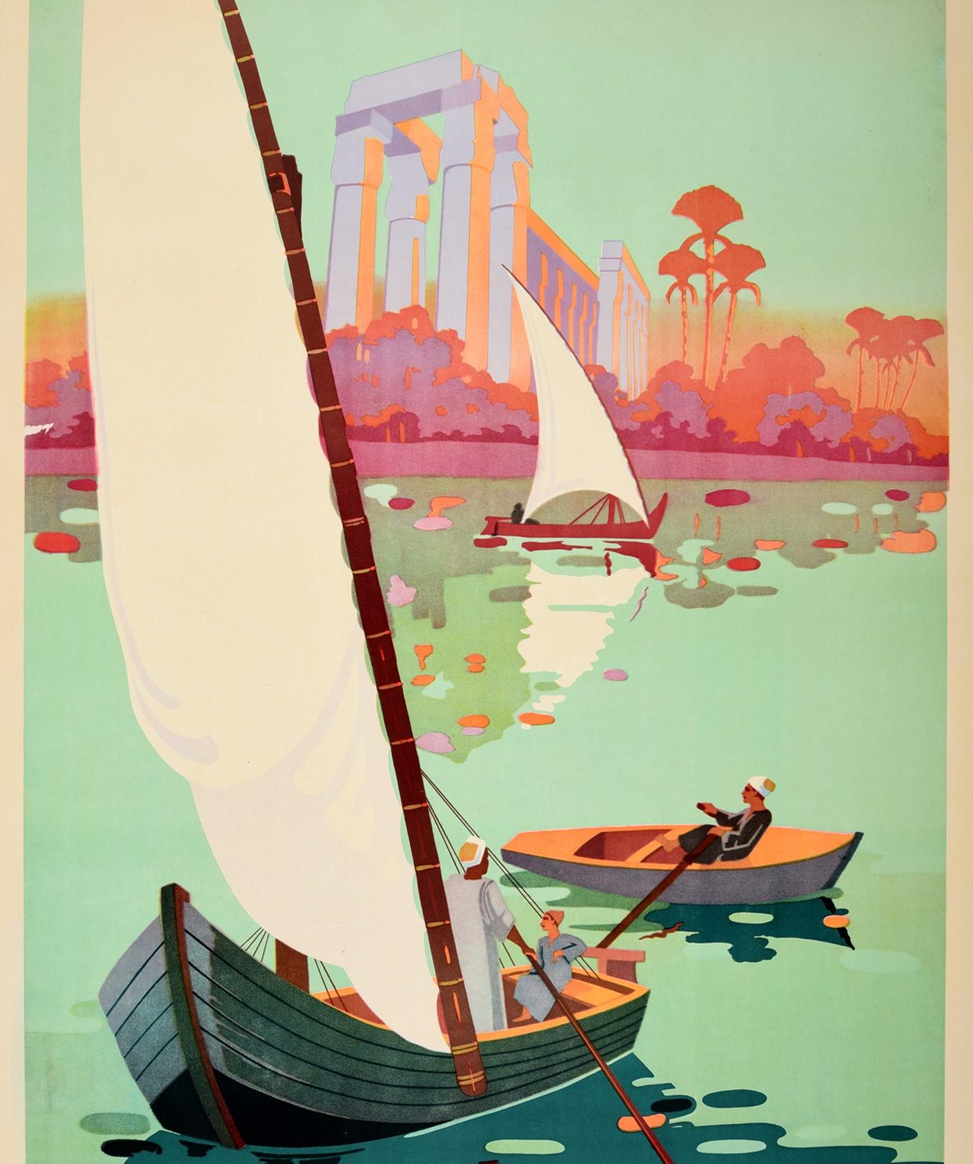 Original Vintage Ägypten Reiseplakat Ft. Segelboote Alte Ruinen des Nils (Beige), Print, von Unknown
