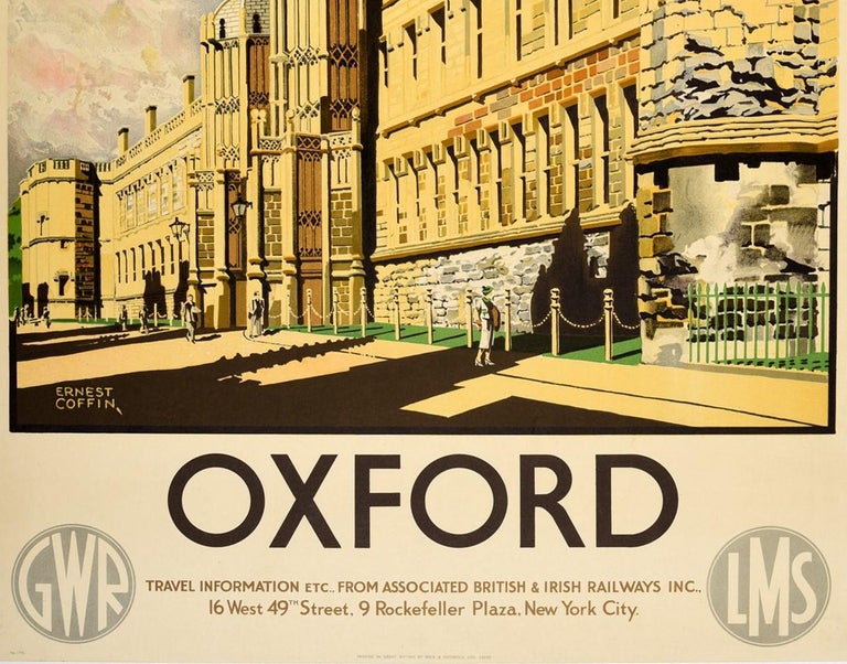 Original vintage GWR and LMS train travel poster for Oxford issued by the Great Western Railway and the London, Midland and Scottish Railway featuring stunning artwork by Ernest Coffin (1868-1944) of the historic Oxford building The Great Quadrangle