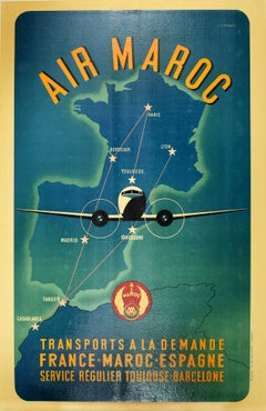Original Vintage Air Maroc Travel Poster Route Map France Morocco Spain Services
