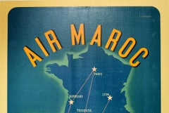 Original Vintage Air Maroc Travel Poster Route Map France Morocco Spain Services