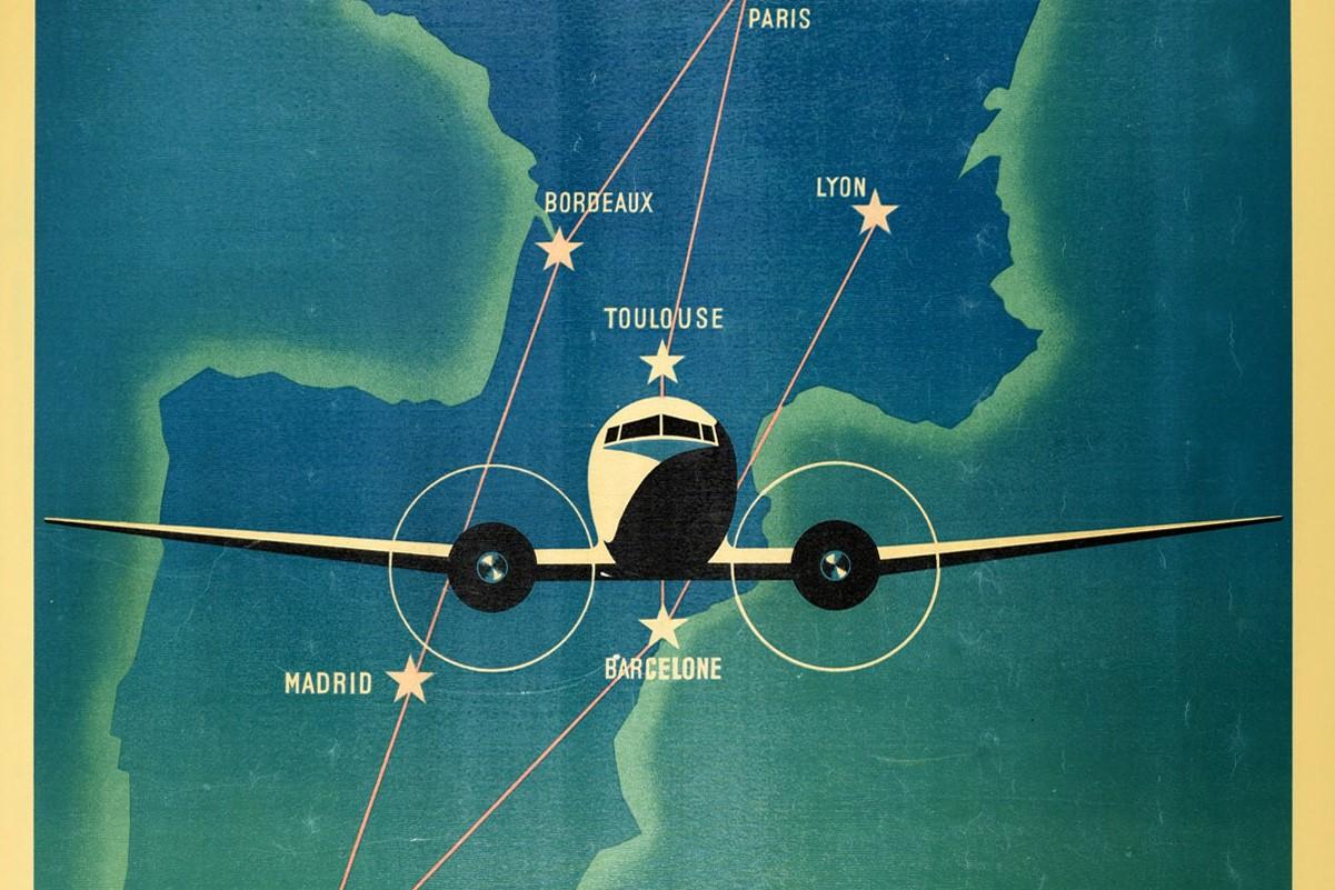 Original-Vintage-Poster Air Maroc, Reisekarte, Frankreich, Marokko, Spanien, Services (Blau), Print, von E. Esperance