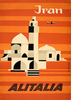 Original Vintage Mid Century Reiseplakat für den Iran von Alitalia Graphic Design