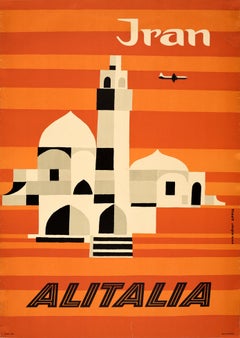 Original Vintage Mid Century Travel Poster For Iran By Alitalia Graphic Design