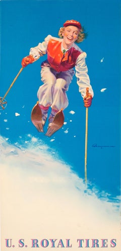 Original Vintage Skiing Design American Tyre Advertising Poster U.S. Royal Tires