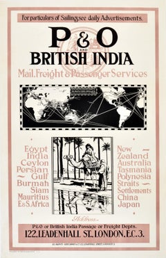 Original Antique Cruise Ship Travel Poster P&O British India Sailings Route Map