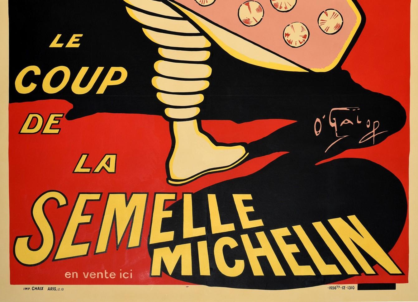 Originales antikes Werbeplakat für Le Coup De La Semelle Michelin / Die Macht der Michelin-Sohle mit einer großartigen Illustration des französischen Karikaturisten Marius Rossillon (bekannt als O'Galop; 1867-1946), der die ikonische Figur des