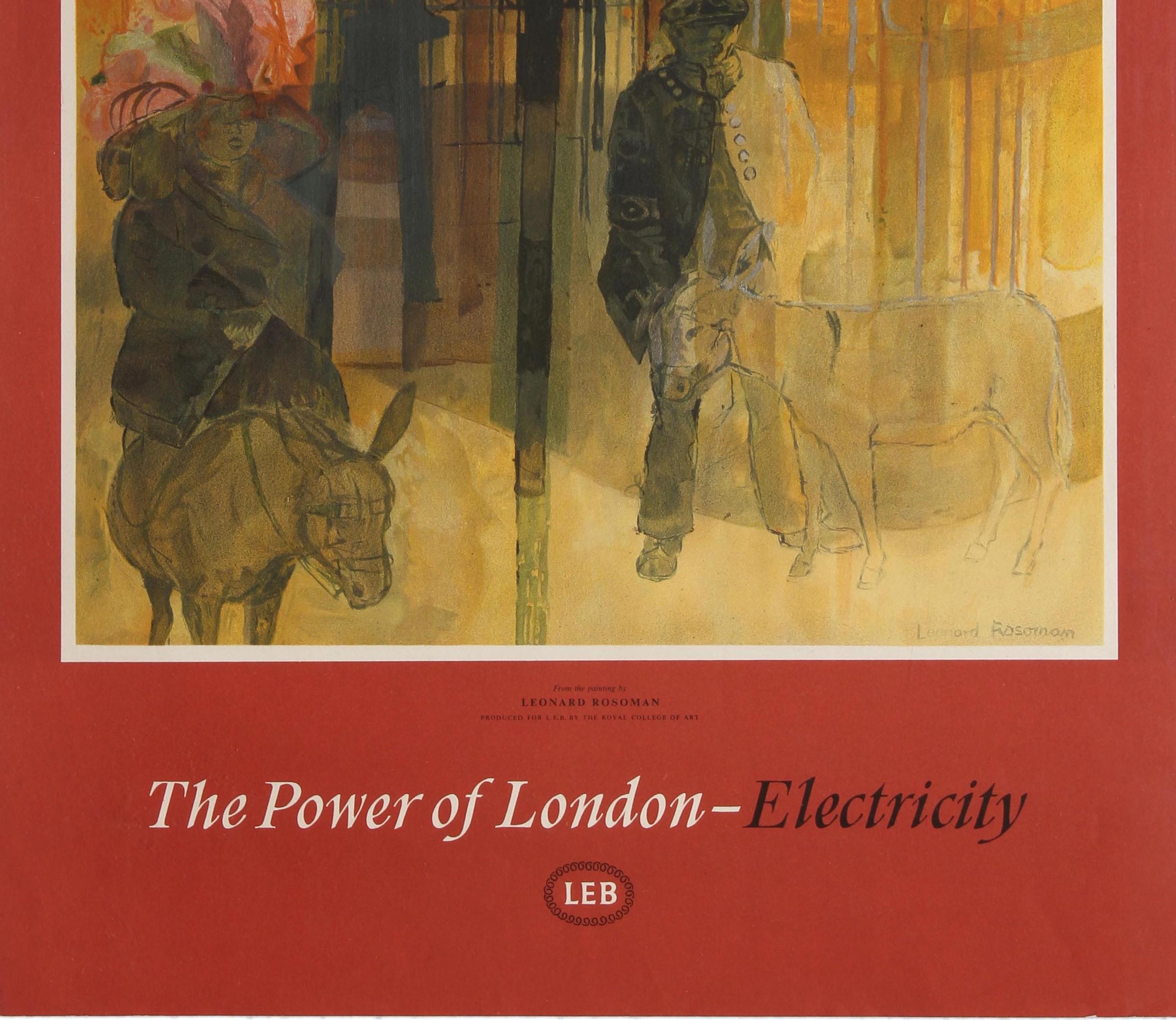 Original Vintage London Electricity Board Plakat mit dem Titel The Power of London - Electricity mit fantastischen Kunstwerken aus dem Gemälde von Leonard Rosoman für L.E.B. durch das Royal College of Art produziert zeigt eine Ampel beleuchtet die