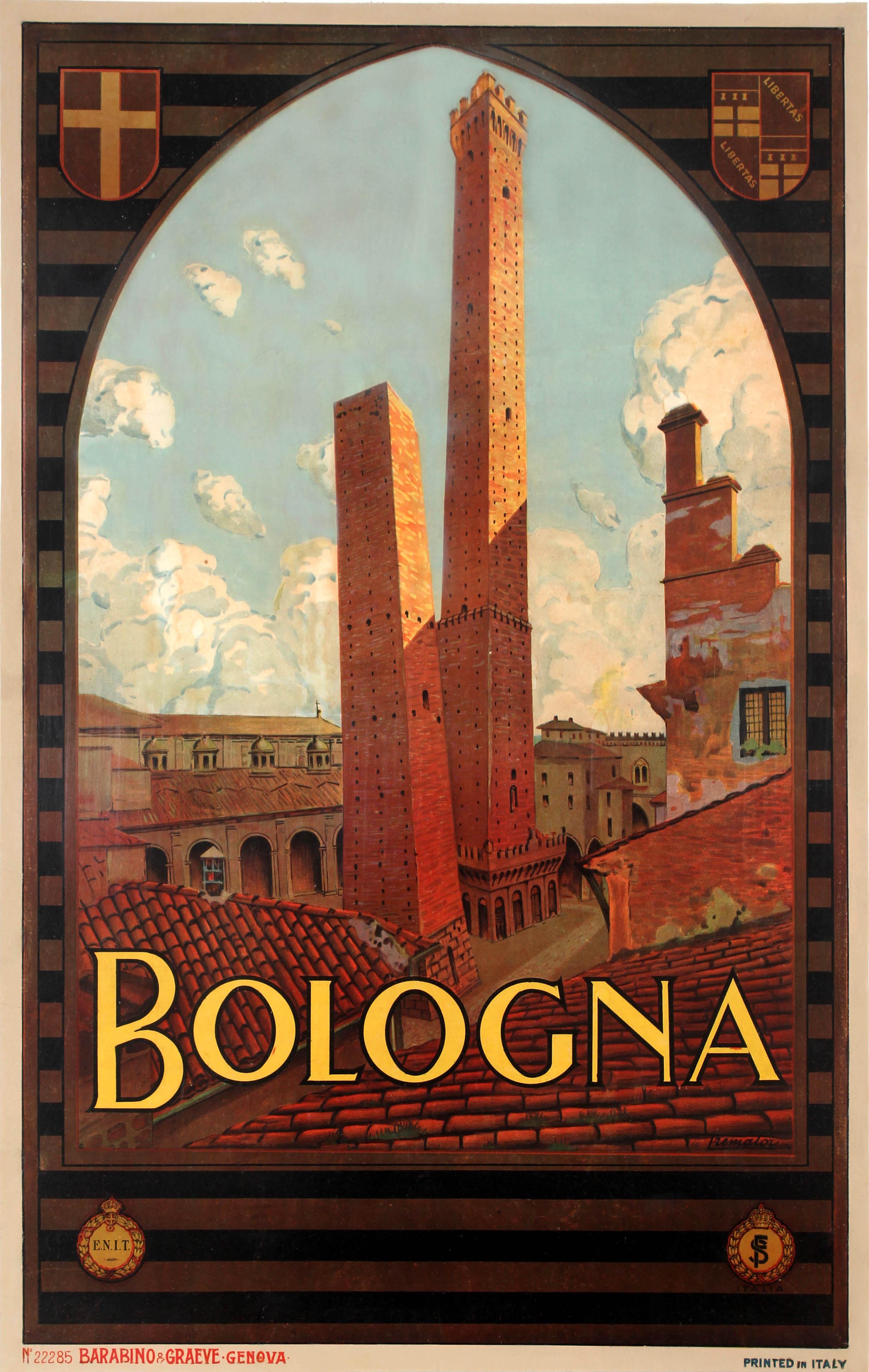 Severino Tremator Print - Original Vintage Travel Poster Bologna Italy Two Towers Asinelli Garisenda ENIT