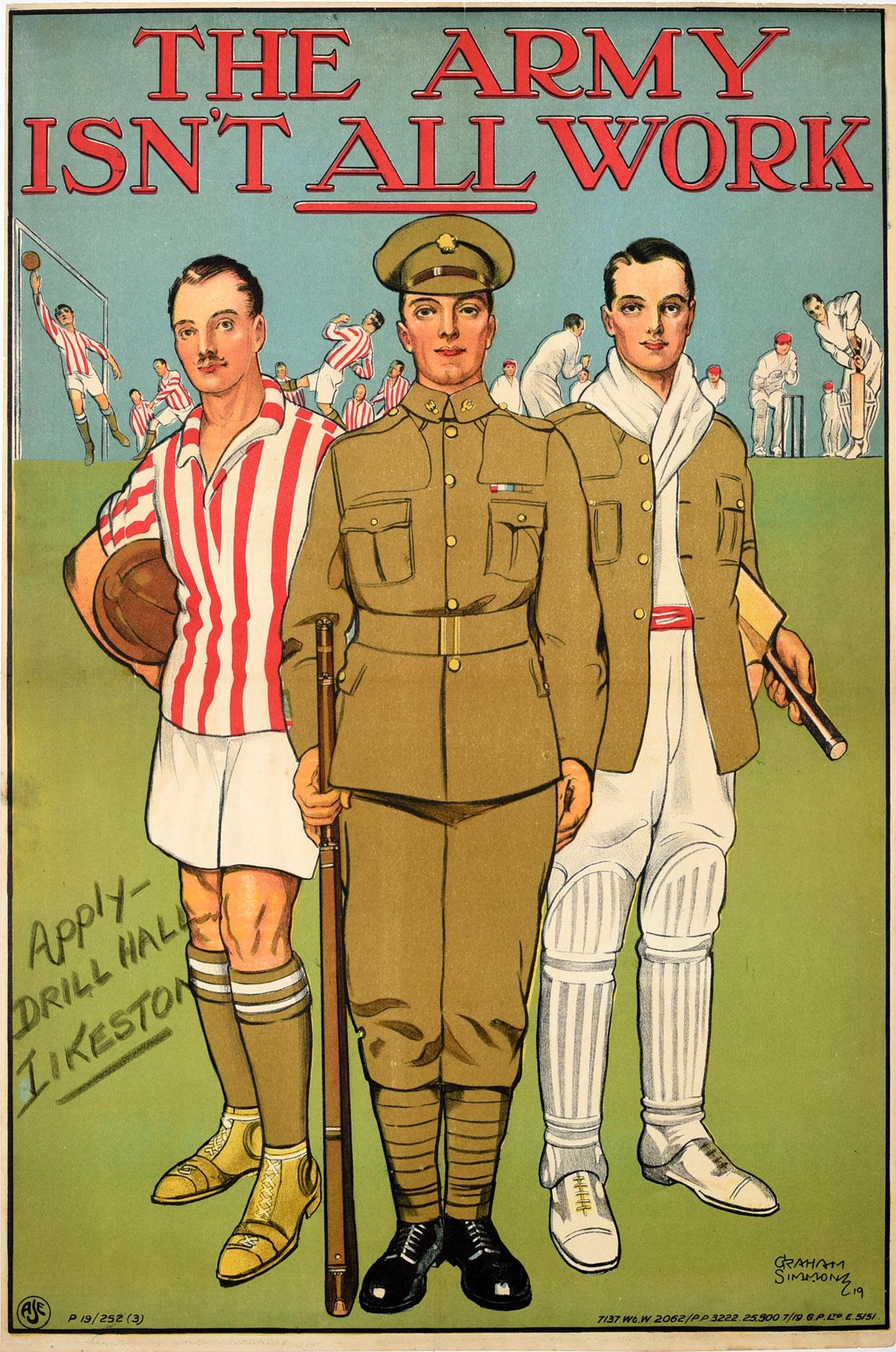 Graham Simmons Print – Originales antikes Rekrutierungsplakat - Die Armee ist nicht nur Arbeit - Fußball-Kricket
