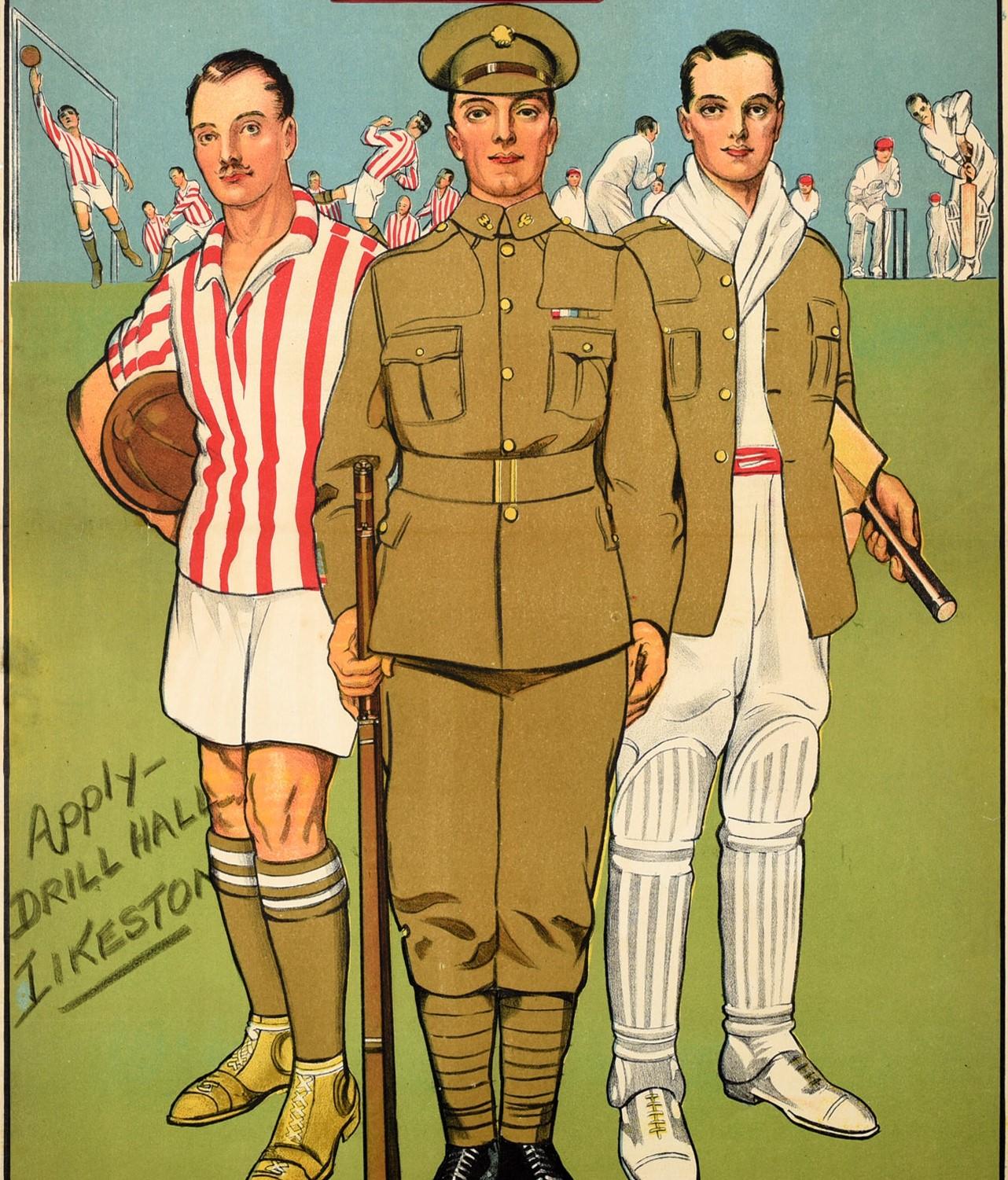 Originales antikes Rekrutierungsplakat - Die Armee ist nicht nur Arbeit - Fußball-Kricket (Braun), Print, von Graham Simmons
