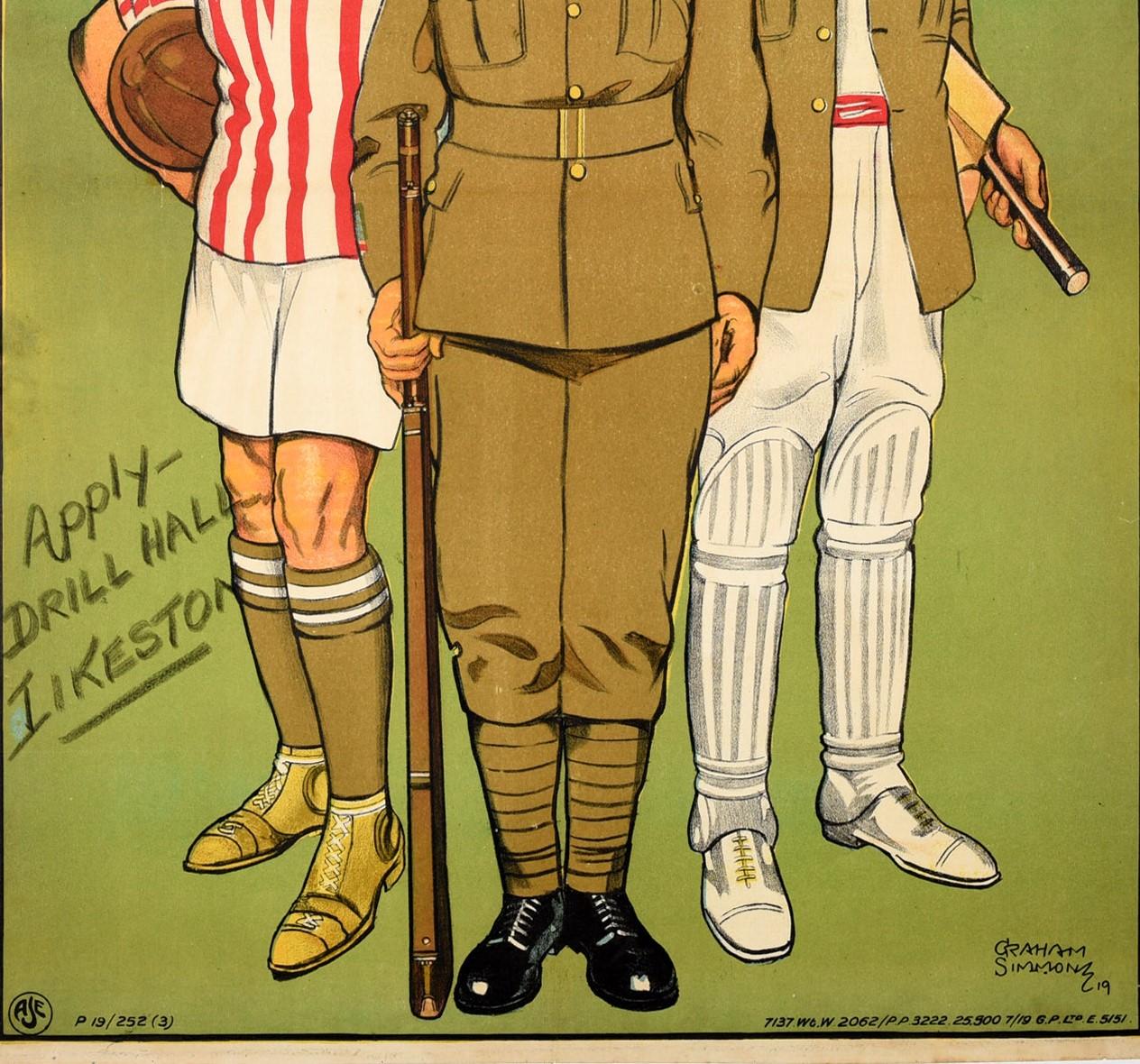 Originales antikes Propagandaplakat - The Army Isn't All Work - mit einem großartigen Design, das drei britische Infanteristen zeigt, die dem Betrachter entgegenblicken, wobei einer in seiner Militäruniform ein Gewehr in der Hand hält und zwischen