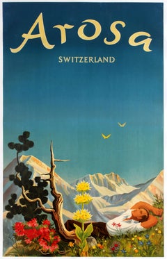 Original Vintage-Reiseplakat Arosa Schweiz von Hans Aeschbach Alpine Resort
