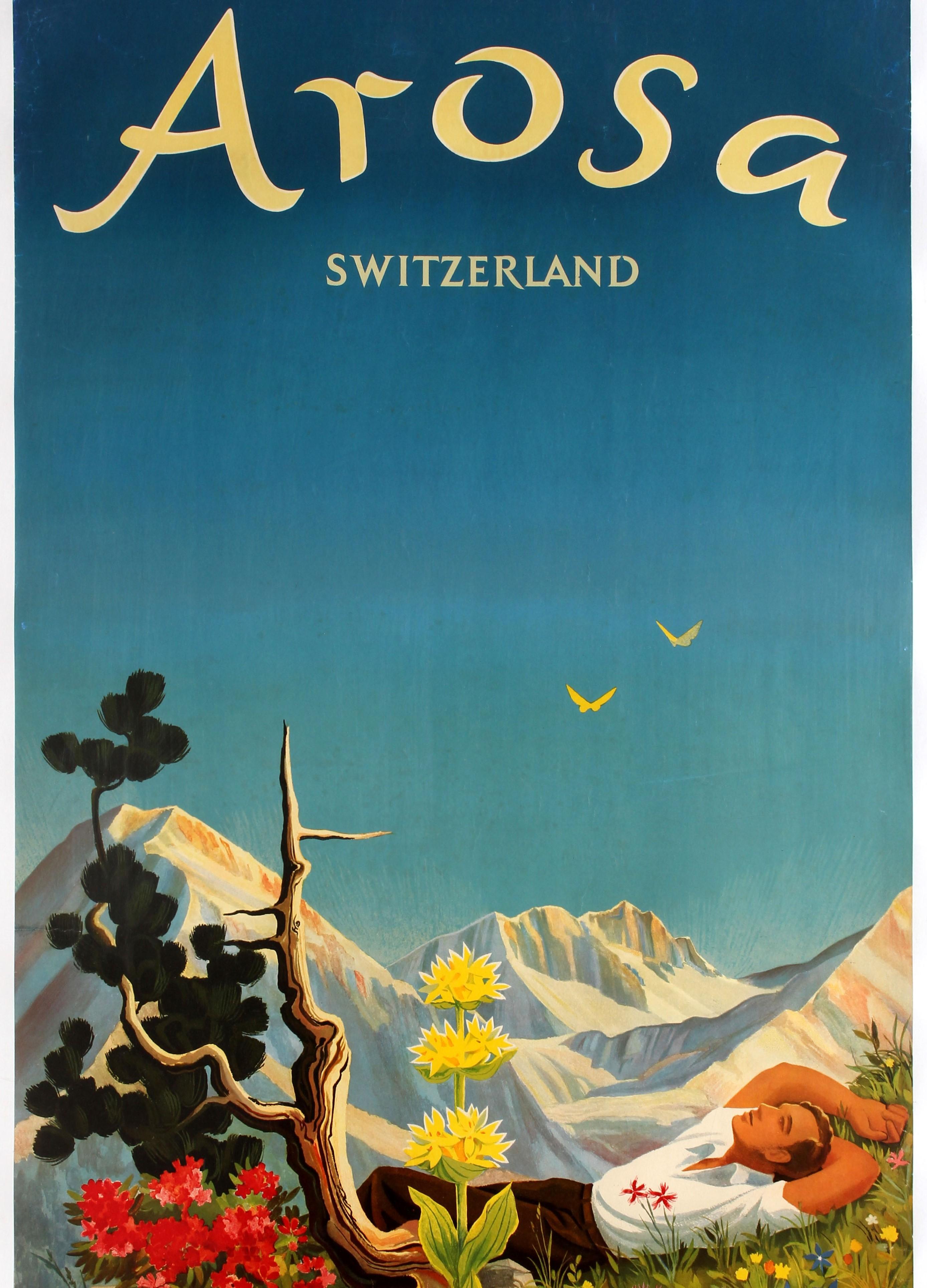 Original vintage travel poster for Arosa in the Swiss Alps featuring colourful artwork by Hans Aeschbach (1911-1999) depicting a hiker lying on the grass under a bright blue sky with a tree and flowers in the foreground, two yellow birds in the sky