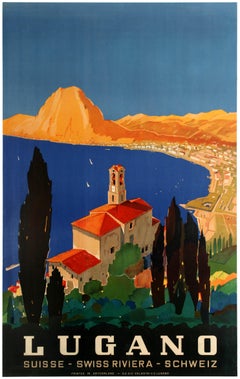 Original Vintage Swiss Riviera Travel Poster Lugano Lake Monte San Salvatore