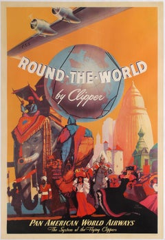 Original Vintage Travel Poster Round The World By Clipper Pan American Airways