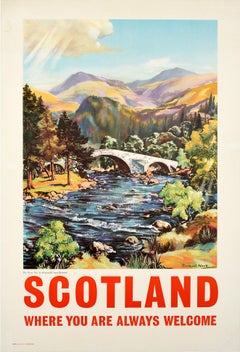 Original Vintage Scotland Travel Poster Old Bridge River Dee Scottish Highlands