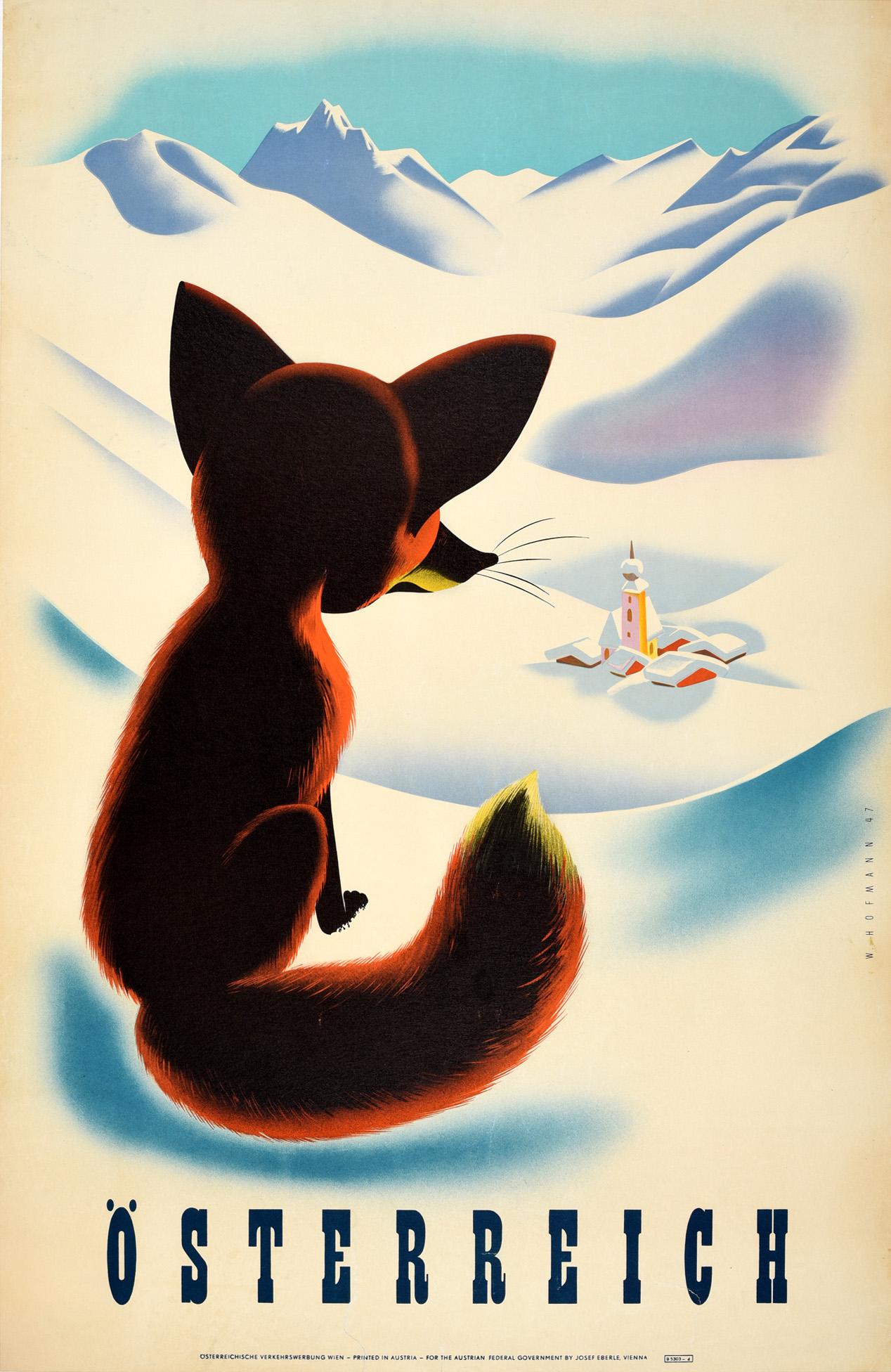 W. Hofmann Print - Original Vintage Winter Travel Poster Osterreich Austria Fox Snow Mountains View