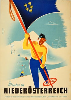 Original Vintage Sport Skiing Poster Winter In Niederosterreich / Lower Austria