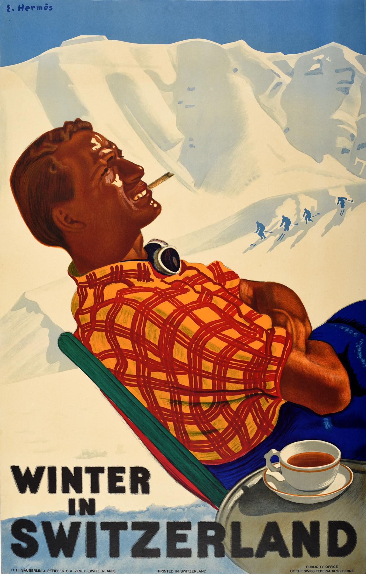 Erich Hermes Print - Original Vintage Ski Poster Winter In Switzerland Swiss Railways Travel Sport 