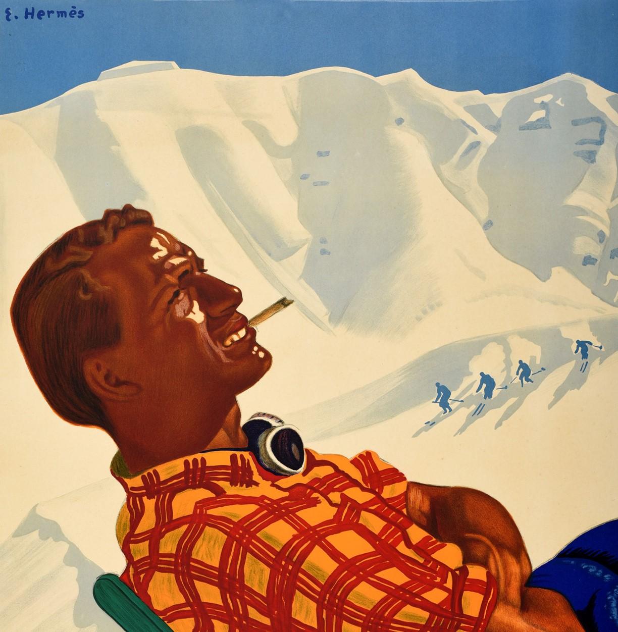 Original Vintage Ski Poster Winter In Switzerland Swiss Railways Travel Sport  - Print by Erich Hermes