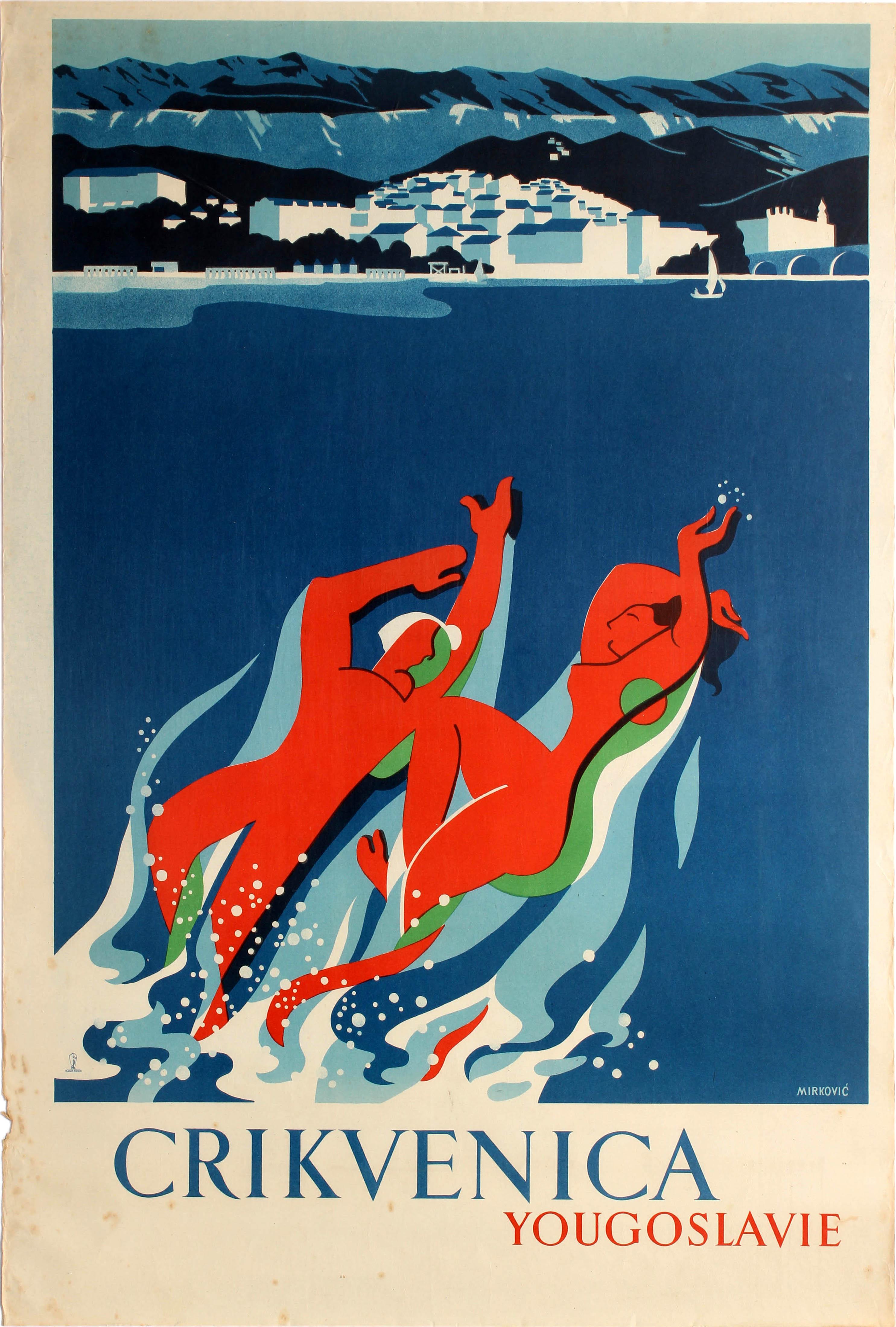 Print Mirkovic - Affiche rétro originale de voyage Crikvenica Yugoslavia:: Coastal Health Spa Resort (centre de santé et de santé de la côte ouest)