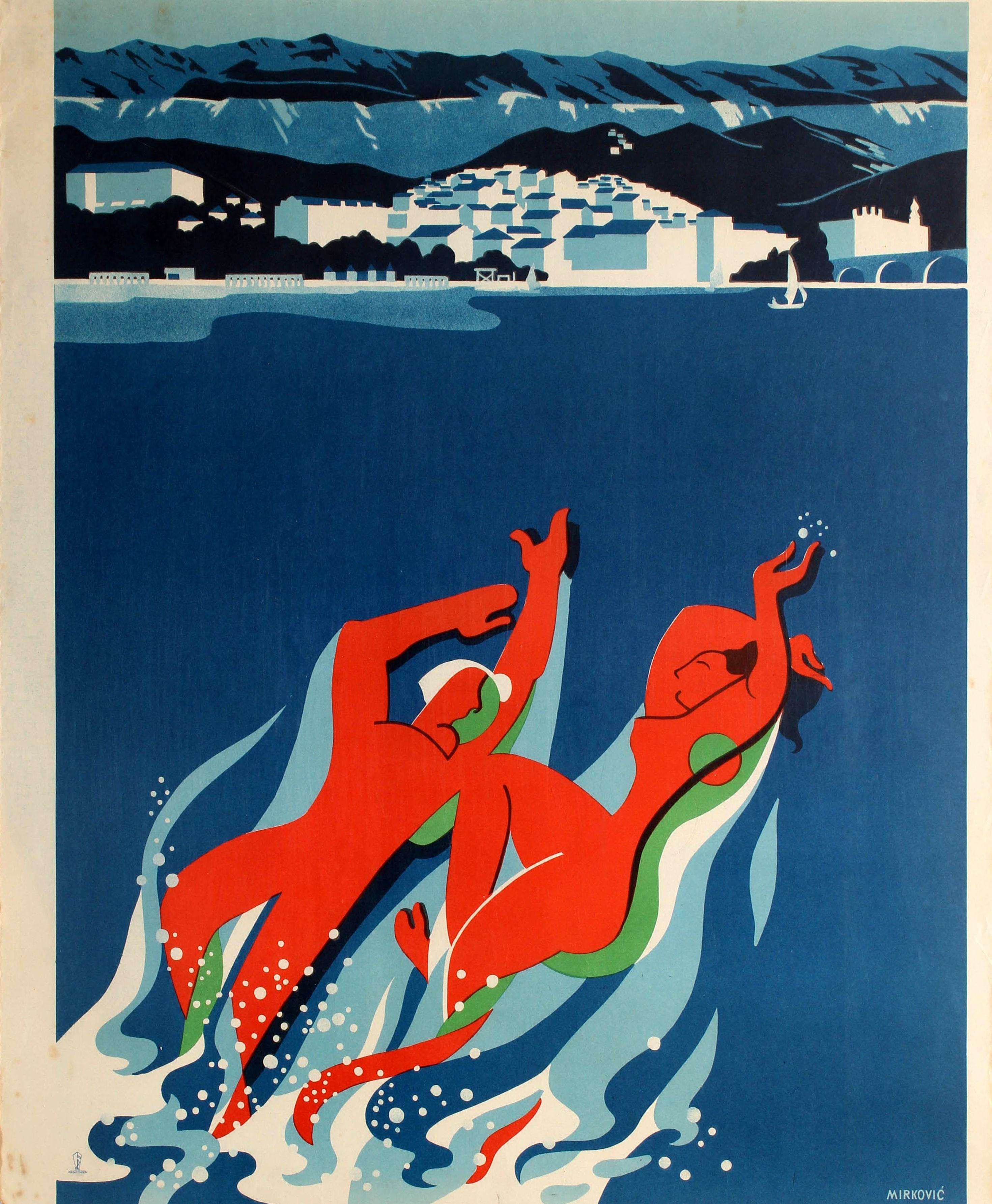 Affiche rétro originale de voyage Crikvenica Yugoslavia:: Coastal Health Spa Resort (centre de santé et de santé de la côte ouest) - Bleu Print par Mirkovic