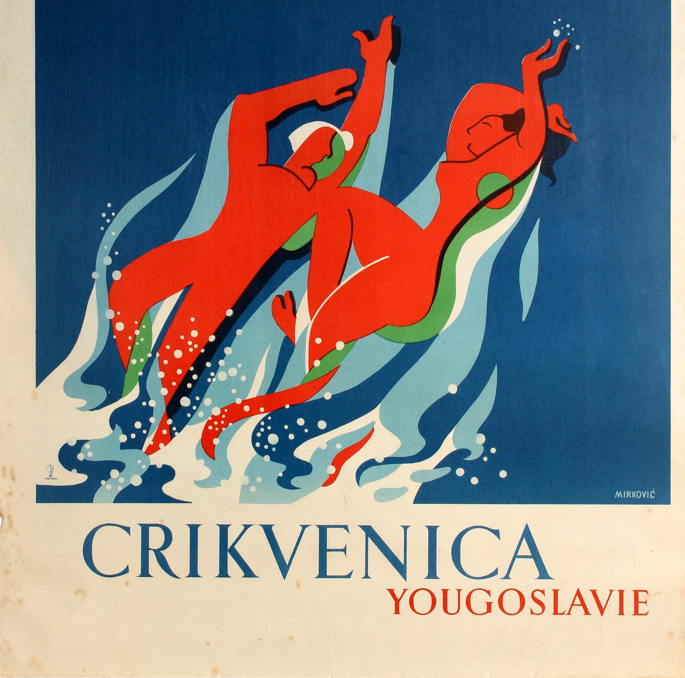 Affiche de voyage originale d'époque publiée en français pour promouvoir le port historique et la station thermale de Crikvenica sur la côte de Vinodol dans la région de Kvarner (qui faisait autrefois partie de la Yougoslavie et qui fait maintenant
