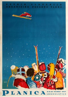 Original Vintage Winter Sport Poster Ski Jump Flying Planica Yugoslavia Slovenia