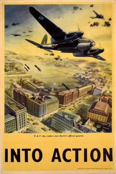 Original Vintage WWII Poster Into Action RAF Day Raid Berlin De Havilland Bomber