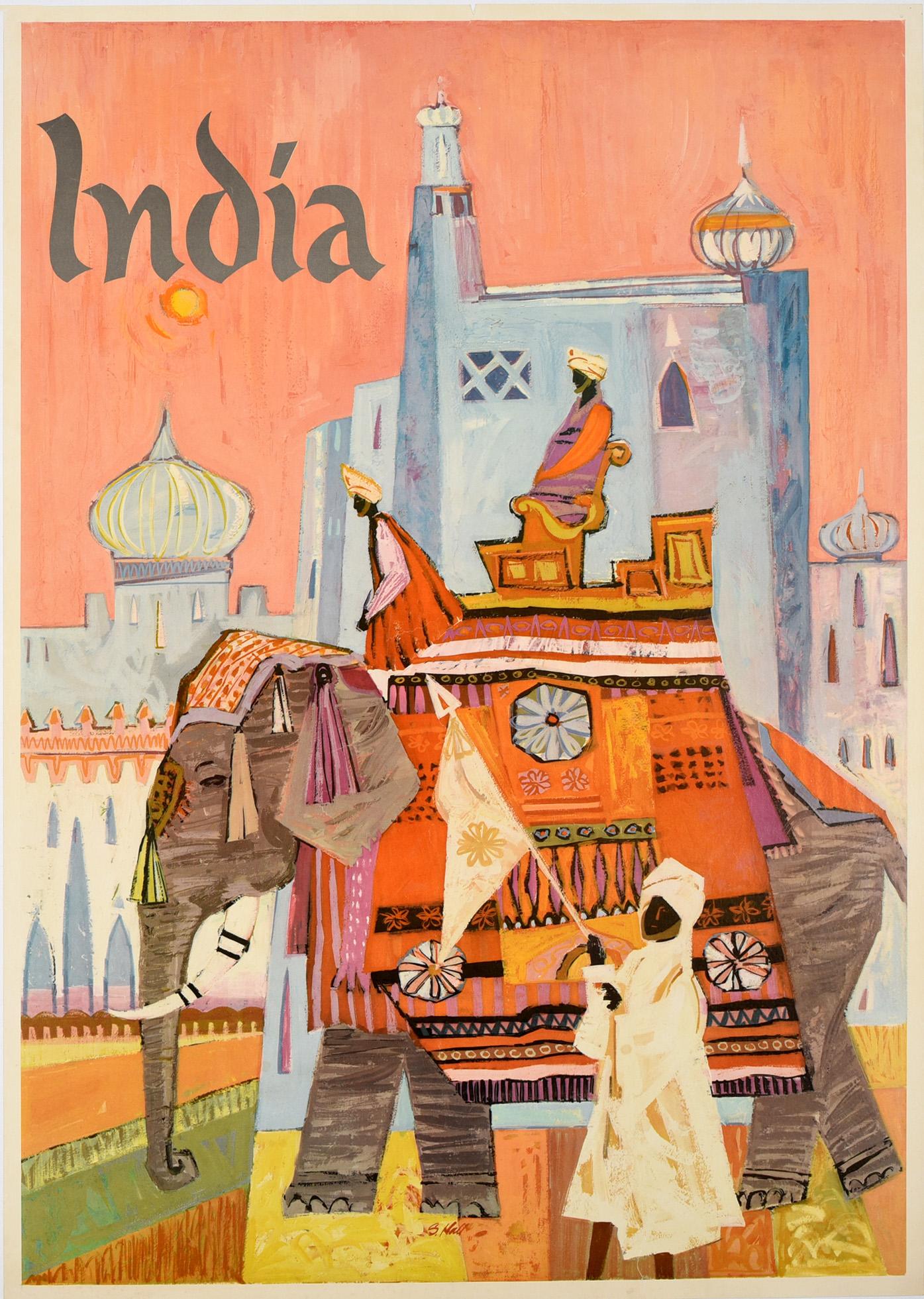 S Hall Print - Original Vintage Travel Poster For India Feat. Colourful Regal Elephant Howdah