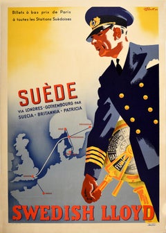 Poster originale d'epoca Svenska Lloyd Travel Londra Parigi Norvegia Svezia Danimarca