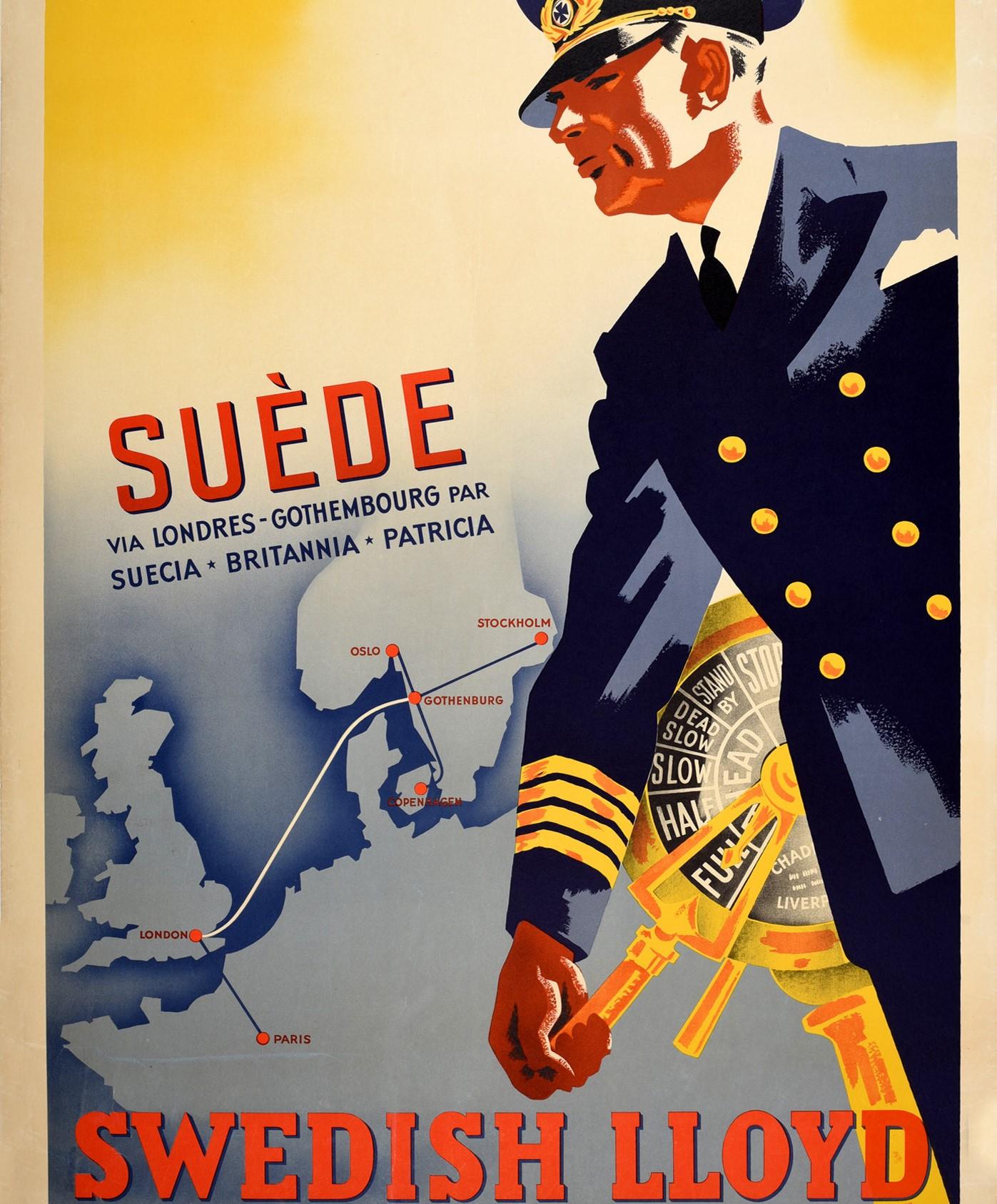 Poster originale d'epoca che pubblicizza la Swedish Lloyd / Svenska Lloyd con un grande disegno di un capitano in elegante uniforme blu e cappello con la mano sul telegrafo dell'ordine del motore acceso a tutto vapore che spinge la nave verso le