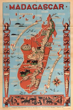 Original Vintage Poster Illustrated Map Madagascar French Colony Industry Travel