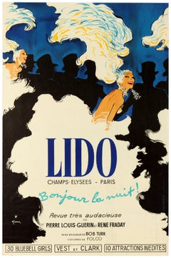 Affiche vintage d'origine Lido Paris Bonjour La Nuit Cabaret Bluebell Girls Troupe